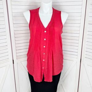 Elementz Rhinestone V Neck Pleated Button Up Tunic Tank Top Red 1X